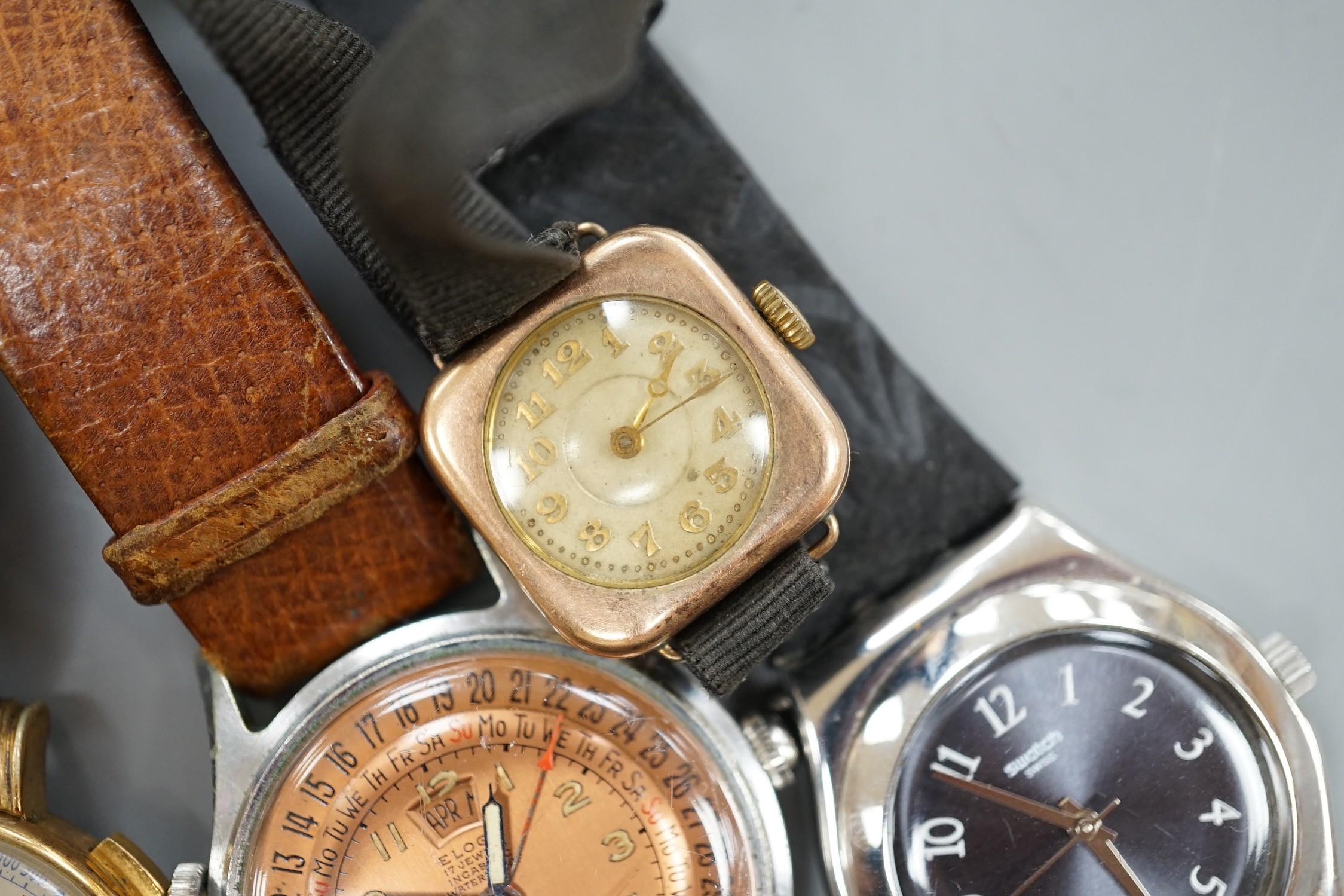 Five gentleman's assorted 1950's and later steel or steel and gold plated wrist watches including Smiths and Bucherer and a lady's 9ct gold wrist watch.